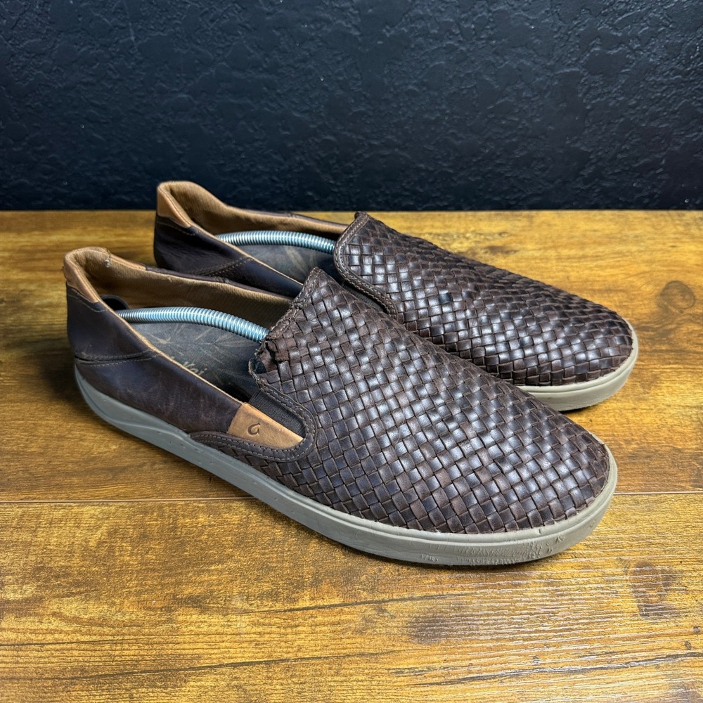 OluKai Lae'ahi Lauhala 10486-6363 Dark Wood Woven Leather Slip-On Mens 13